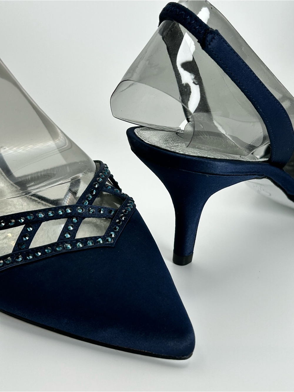 Adrianna Papell Navy Satin Pointed Kitten Heel Pumps with Crystal Straps